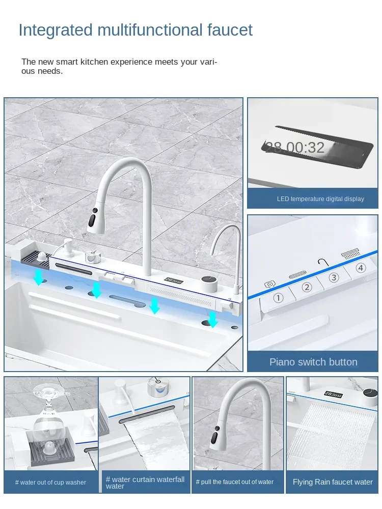 Imagem -04 - White Flying Rain Integrated Waterfall Sink Grande Slot Único Pia de Lavagem de Vegetais de Aço Inoxidável 304