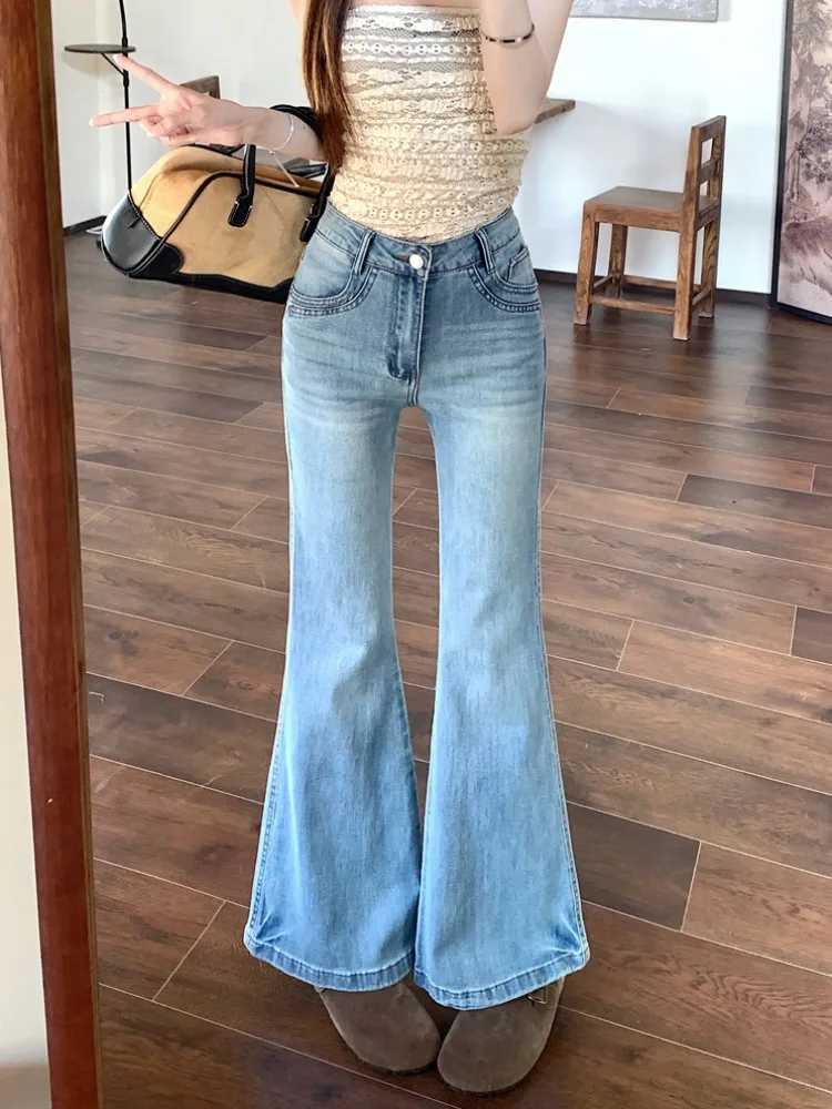 

Blue Distressed Embroidered Denim Flared Pants High Waist Casual Summer Jeans Women's Fashion High Waist Wide Leg Pants