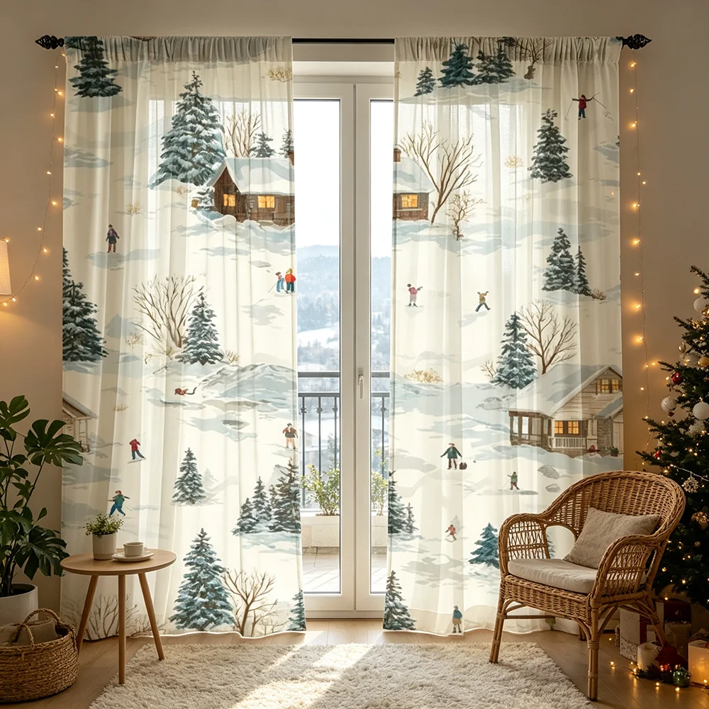 2PCS Christmas Winter Ski Cabin Print Curtains, Bedroom Living Room Kitchen Window Drapes, Rod Pocket Polyester, Home Decor