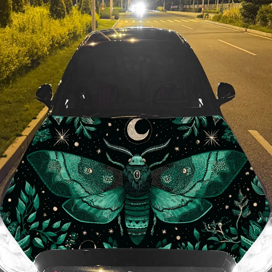 Car Decal Moth with Moonlit Night Textured Motif in Artistic Insect-Enchanting Style - Bold Terrestrial Mysterious Fantasy Aesth