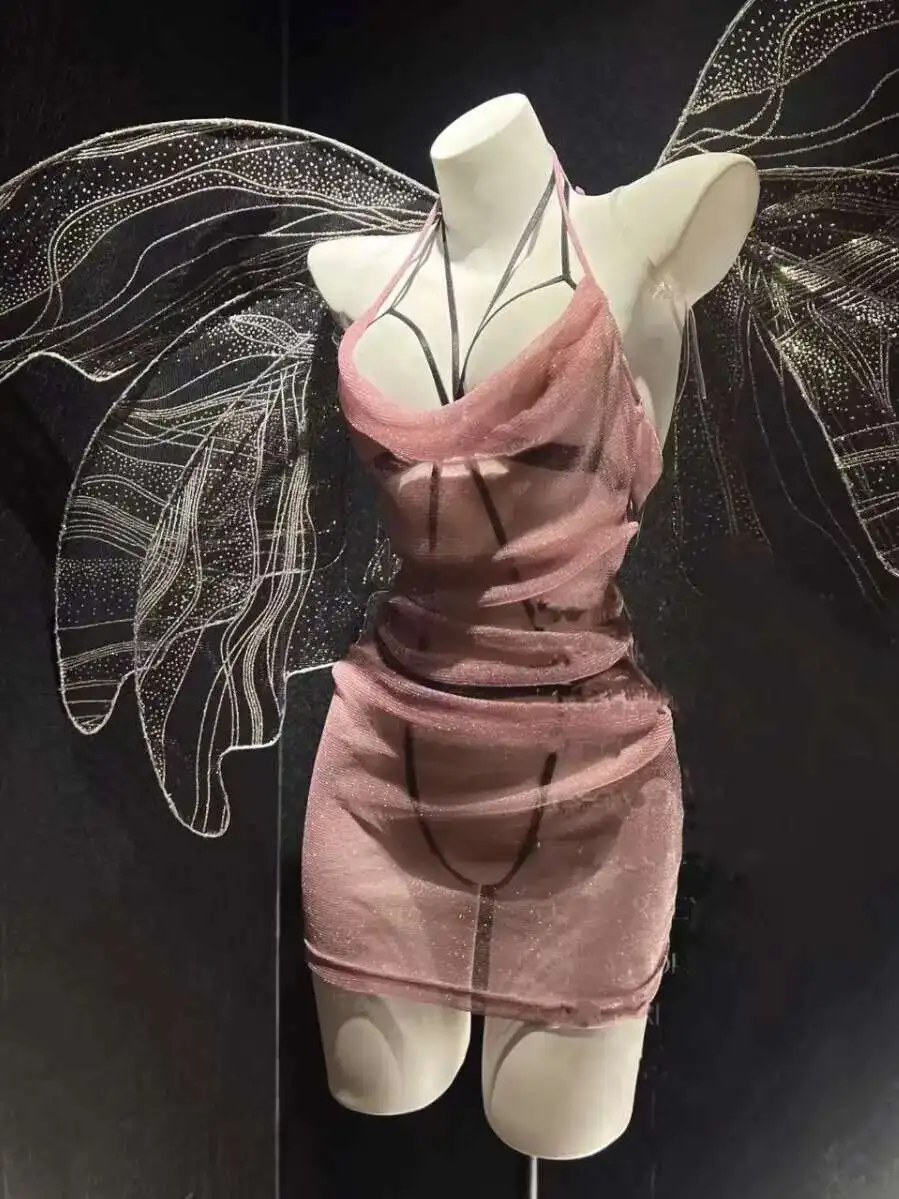 걸이 넥 백리스 딥 V 멜빵 민소매 드레스 투명 섹시한 메쉬 드레스 매력적인 우아한 순수한 욕망 아름다운 SOUE