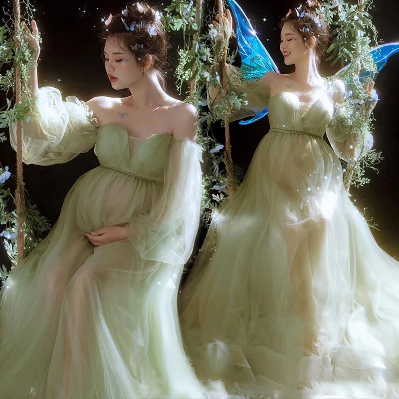 Photography Props Forest Green Fairy Maternity Dresses for Photo Shoot Pregnancy Dress Pregnant Gown Elegant Studio Clothes