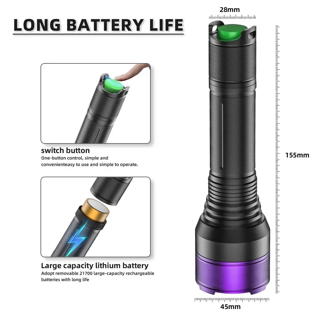 Imagem -05 - Lanterna uv de Alta Potência Espelho Preto Tocha de Detecção de Luz Roxa Lanterna Recarregável tipo c Poderosa 40w 4-core 365nm 21700