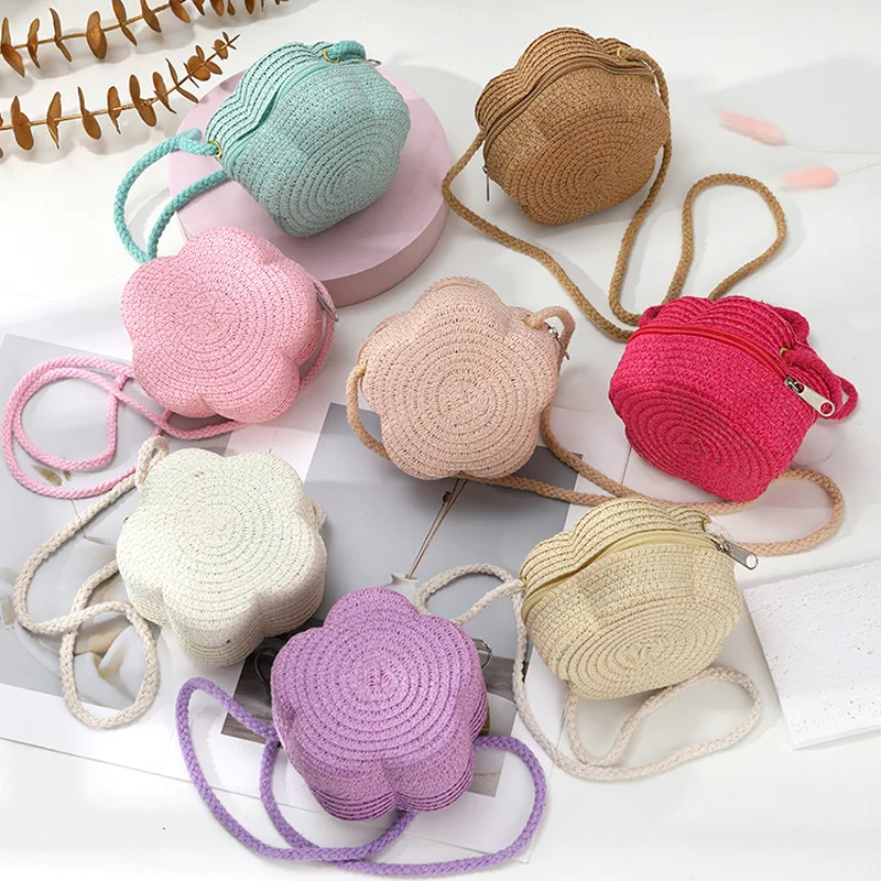 Summer Travel Children's Straw Shoulder Bags Flower Knitted Baby Girls Beach Coin Purse Seaside Cute Kids Woven Crossbody Bag