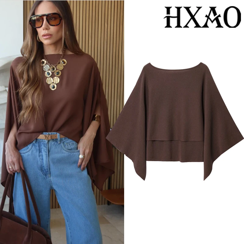 

HXAO New Knit Tops Cropped Sweaters Cape Pullover Women Autumn Women's Loose Fit Knitted Top Cape Sleeve Brown Sweaters Jumper