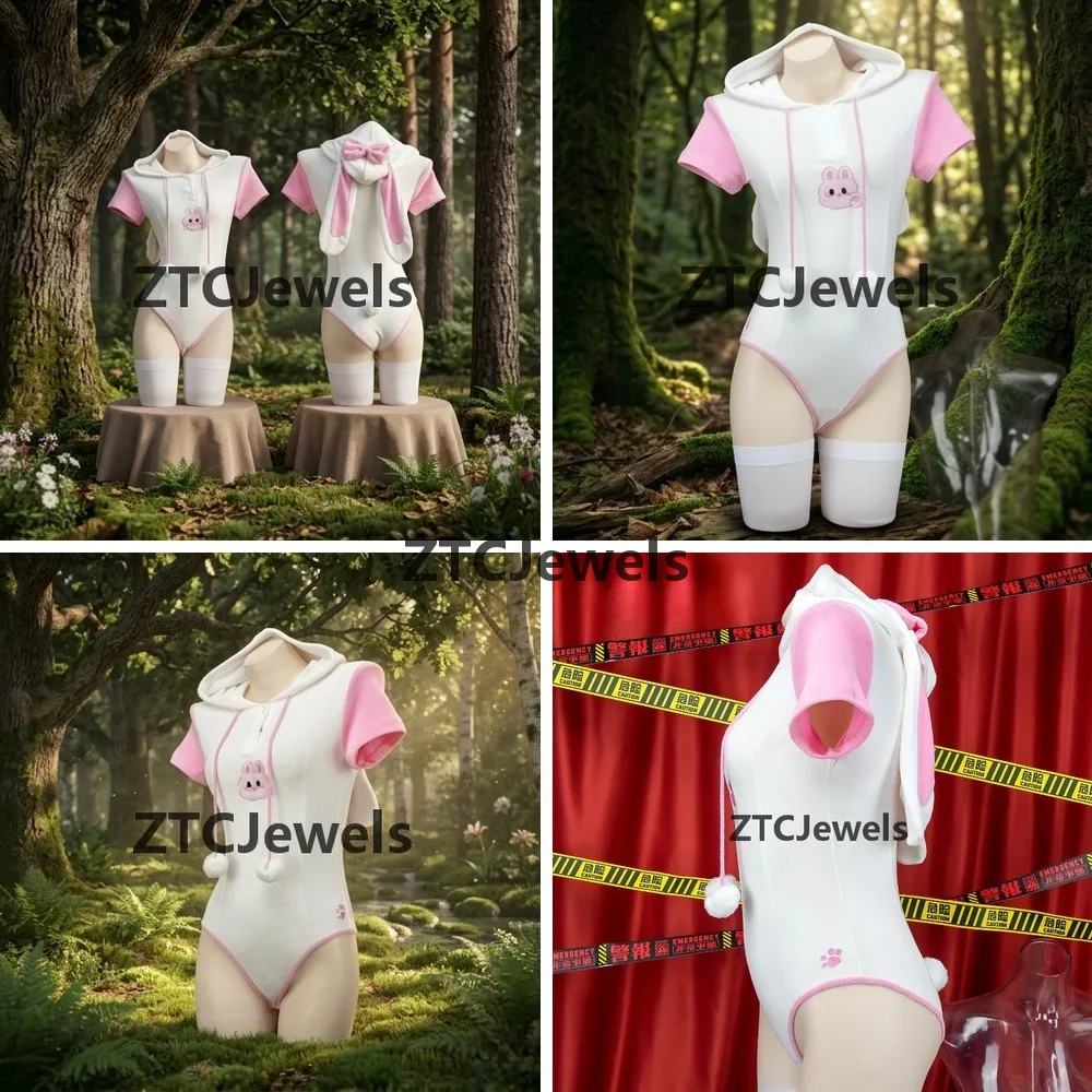 Bunny Girl Cosplay Kostüm Sexy Weißer Bodysuit mit Kapuze Jumpsuit mit Bandage Lingerie Weste Kawaii Anime Outfit