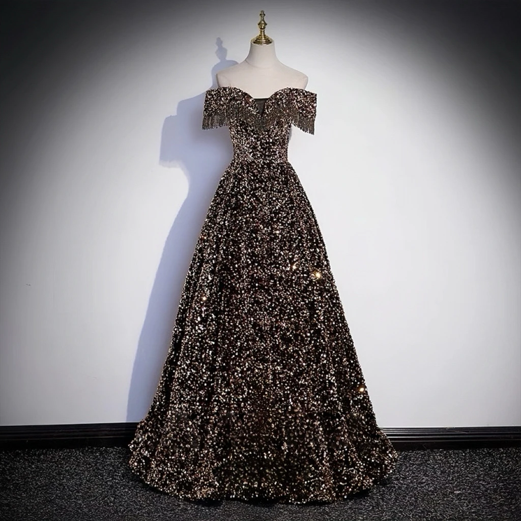 Preciosos vestidos de lentejuelas para celebridades, sin tirantes, corte en A, borlas, hombros descubiertos, fiesta de princesa, vestidos de noche para ocasiones formales