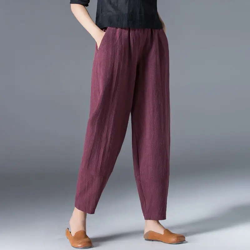 Cotton Linen Ankle Length Pants Women 2024 Spring Summer Casual Harem Trousers Black White Elastic Waist Loose Pants