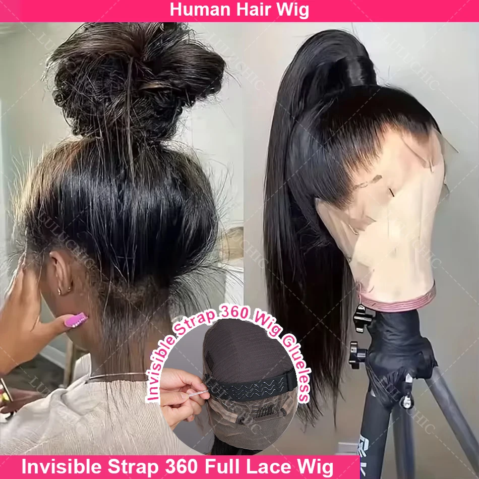 

Invisi Strap 360 HD Полный парик фронта шнурка Человеческие волосы Bone Straight 13x4 Парик фронтальной части шнурка для женщин Предварительно сорванный 200% бесклеевой парик