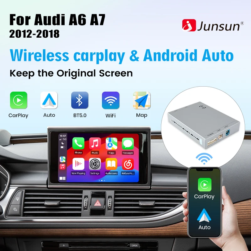 Junsun Wireless CarPlay Android Auto Interfaccia Adattatore Box Per Audi A6 A7 2012-2018 con AirPlay Mirror Link Bluetooth