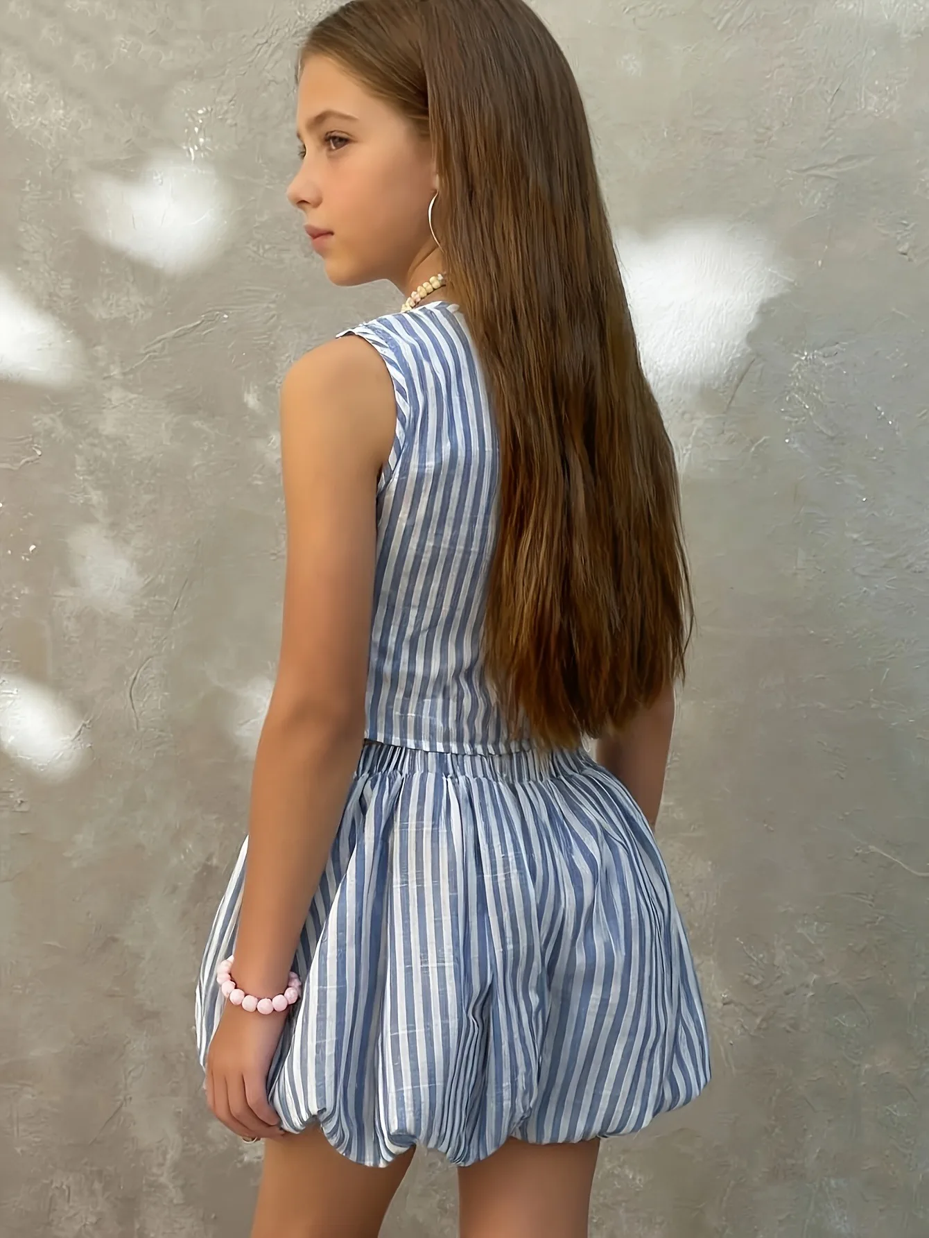 Trendy Girls 2Pcs Co-Ord, Blue White Stripe Bow Decor Sleeveless Top & Balloon Skirt for Daily & Vacation Wear