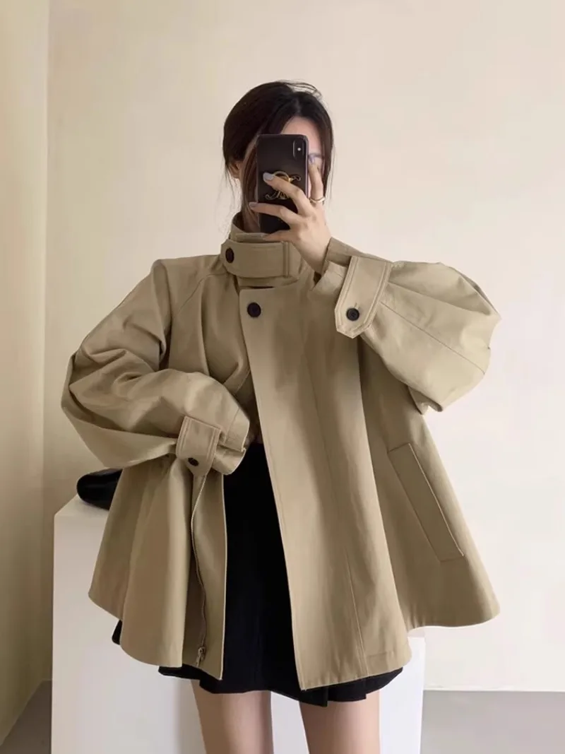 High Collar Outerwears Autumn Vintage Chaquetas Mujer 2024 Casaco Ponchos Long Sleeve Jaqueta Feminina Loose Trench Jacket