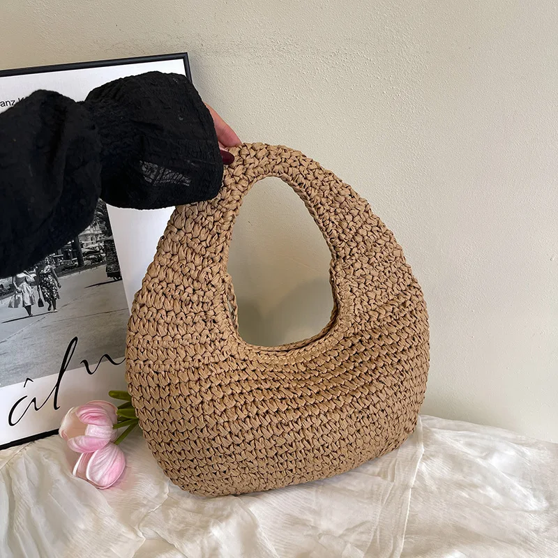 

2025 New Style Straw Woven Bag Fashion Knitted Bag Solid Color Crescent-Shaped Handbag Summer Beach Bag For Travel Vacation