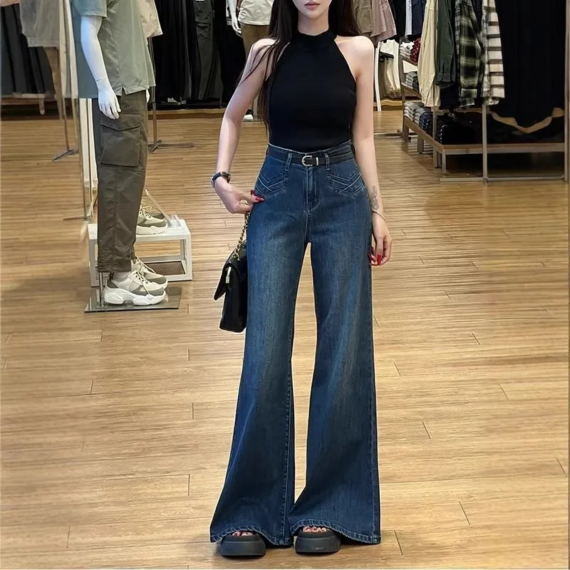 بنطال جينز نسائي أزرق داكن عالي الخصر وواسع الساق وحزام من قماش الدنيم المتوهج وقابل للتمدد ملابس كاجوال للحفلات اليومية