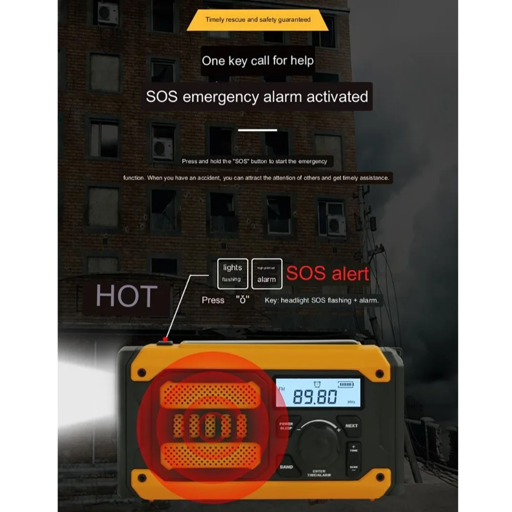 2000mAh Radio di emergenza solare Manovella AM FM NOAA Radio meteorologica portatile Power Bank Torcia a LED SOS Radio esterna universale