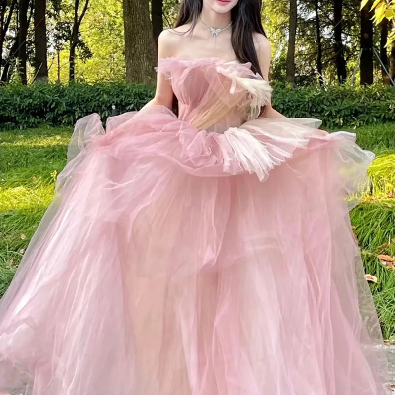 

Pink Style Evening Dress for Women Vocal Music Art Test Tulle Skirt Adult Ceremony Costume Piano Performance Host