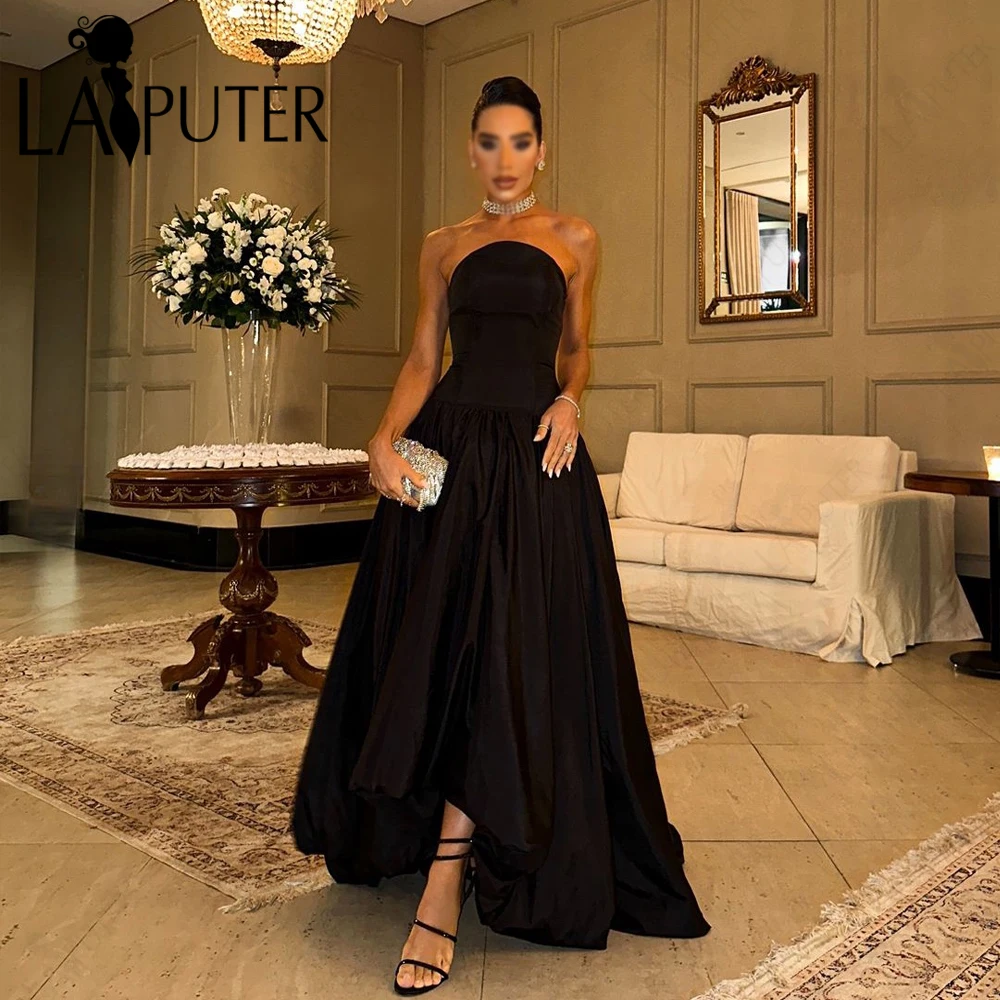 Tea Length Black Taffeta Prom Dresses Sweep Train Strapless Neck Evening Dress Pleated A line Celebrity Party Gown 2024