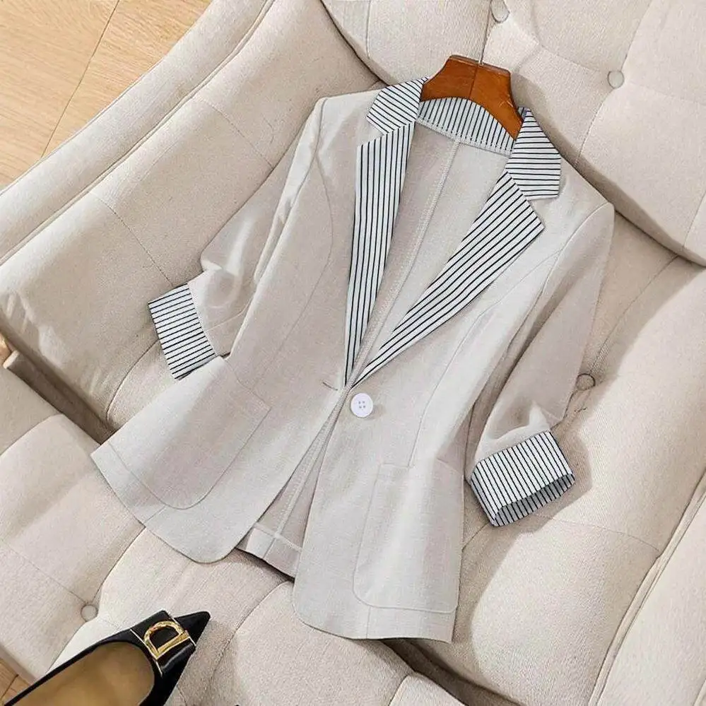 British Style Loose Fit Women's Suit Jacket Color Block Collar Long Sleeve Elegant Fashion Outerwear plus Size Ladies Coat