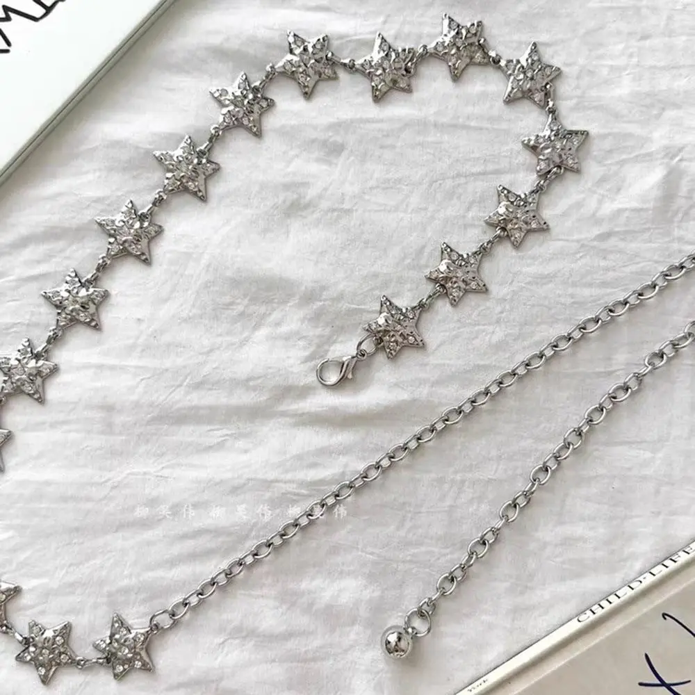 حزام معدني قابل للتعديل شرابة حزام خصر نحيف فضي اللون نجوم الخصر سلسلة الجسم سلسلة مجوهرات نجمة معدنية حزام على شكل سلسلة خماسية