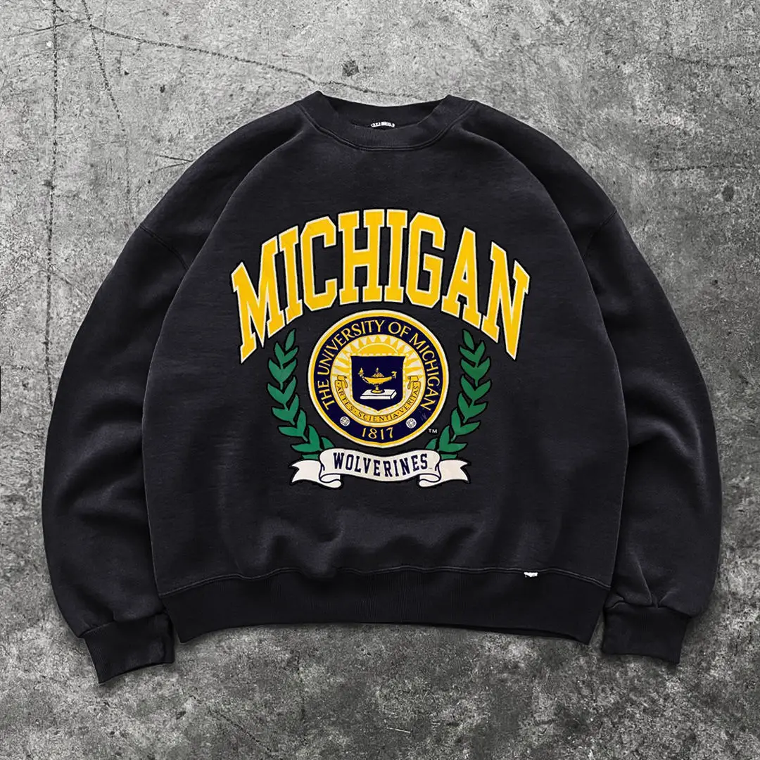 

Американский Мичиган, винтажный принт с длинными рукавами, модный брендовый свитер с круглым вырезом, осенняя повседневная одежда, толстовка