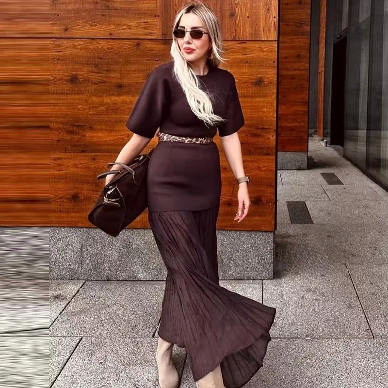 HXAO 2025 Woman Brown Pleated Dress Summer Women's Dress Casual
