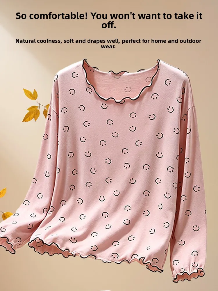 Casual Loose Long Sleeve Modal T-Shirt Thin Early Autumn Printed Smile Ladies Loose Slimming Base Shirt July Deer Brand