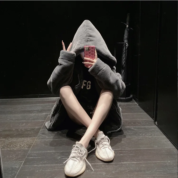 2025 New Autumn and Winter Women's Loose and Lazy Hooded Solid Color Zipper Stand Up Collar Lamb Plush and Thick Faux Fur Plush