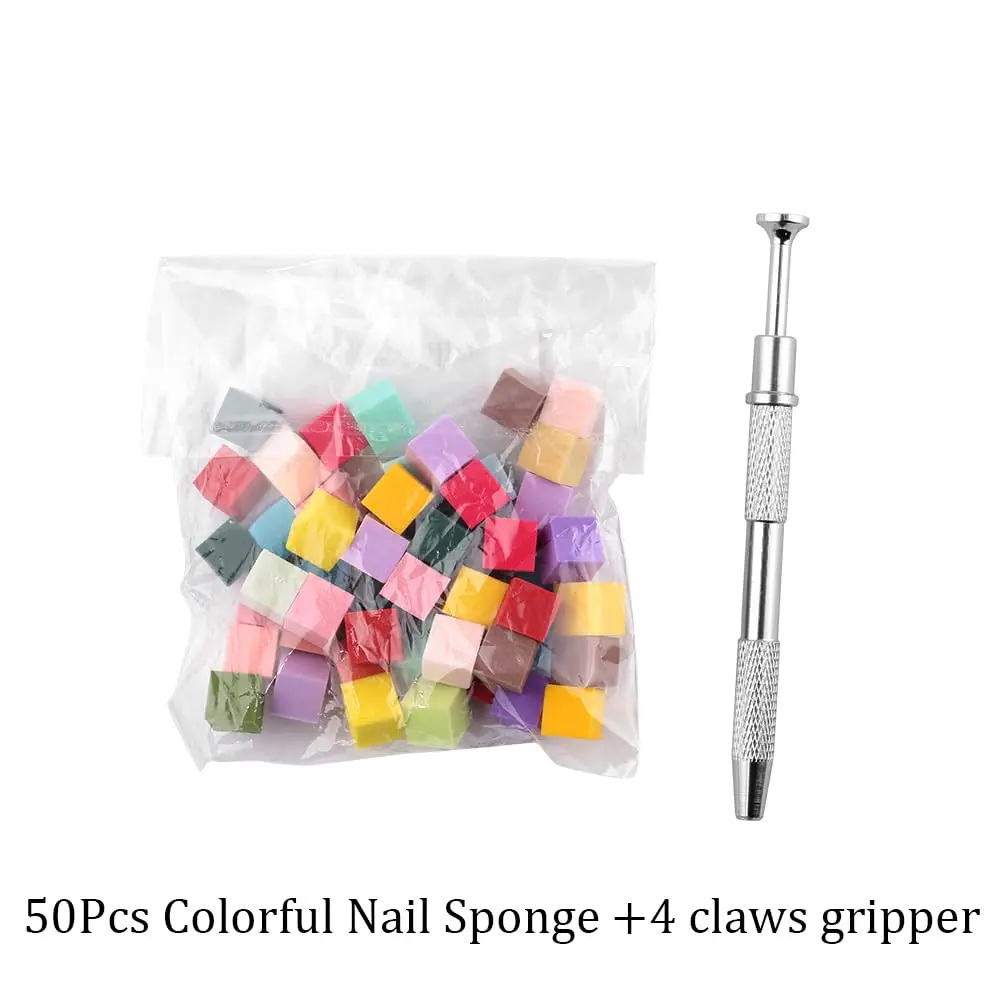 YIKOOLIN 4 Claw Metal Grabber Reacher Tool 50Pcs Mini Nail Sponges Blocks Nail Buffer Block Gradient Nail Art Tools Nail Supplie