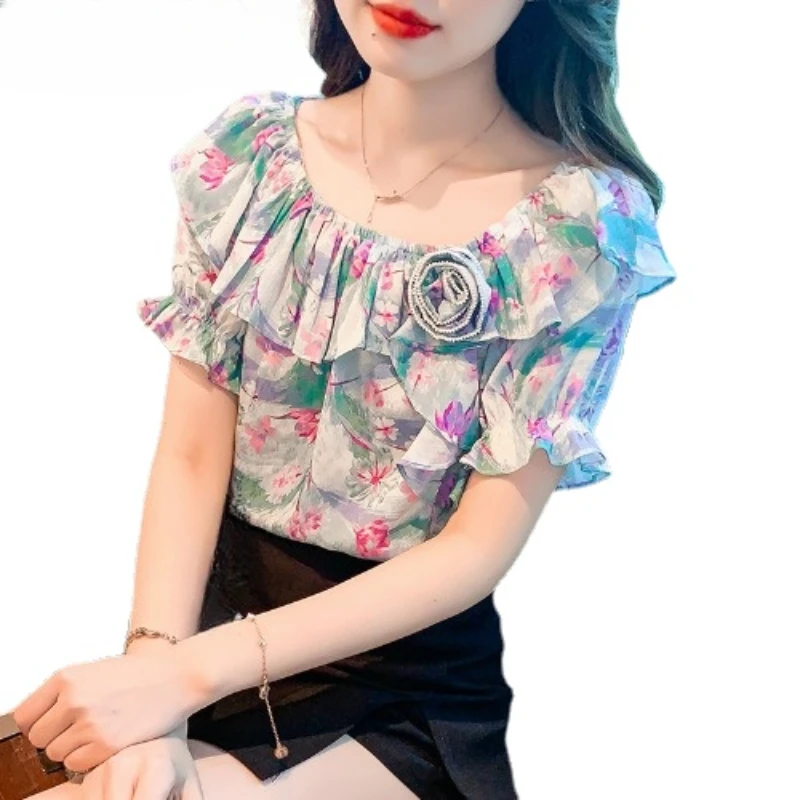 

French Style Floral Chiffon Shirt Women's Summer Short Sleeve Top 2024 New Loose Belly-Covering Slimming Flower Ruffled Blusas