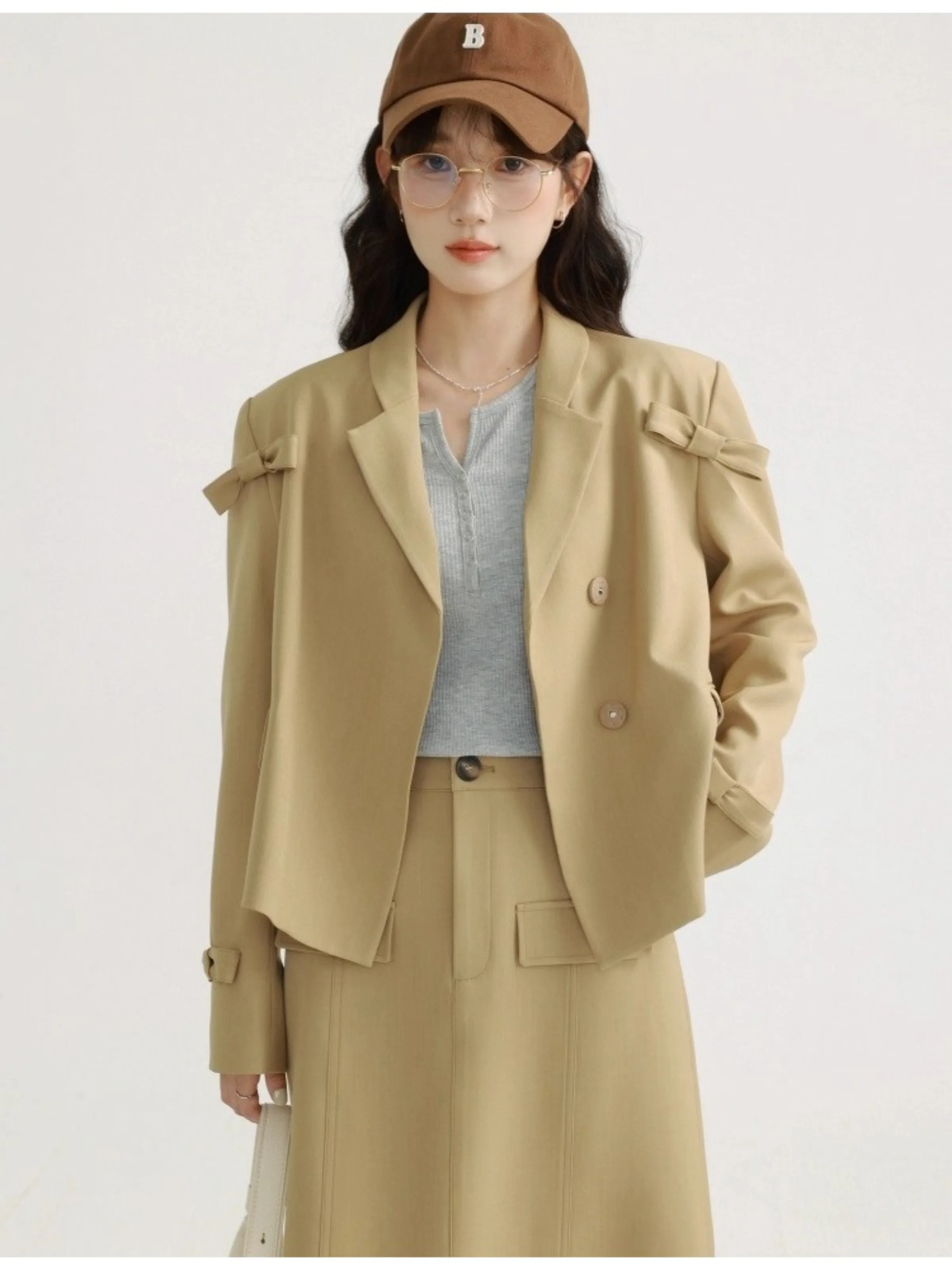 Elegant Bow Blazer Suit for Women Fall Two-Piece Outfit Short Lapel Jacket High-Waist Pants Korean Style Office wear Casual Look