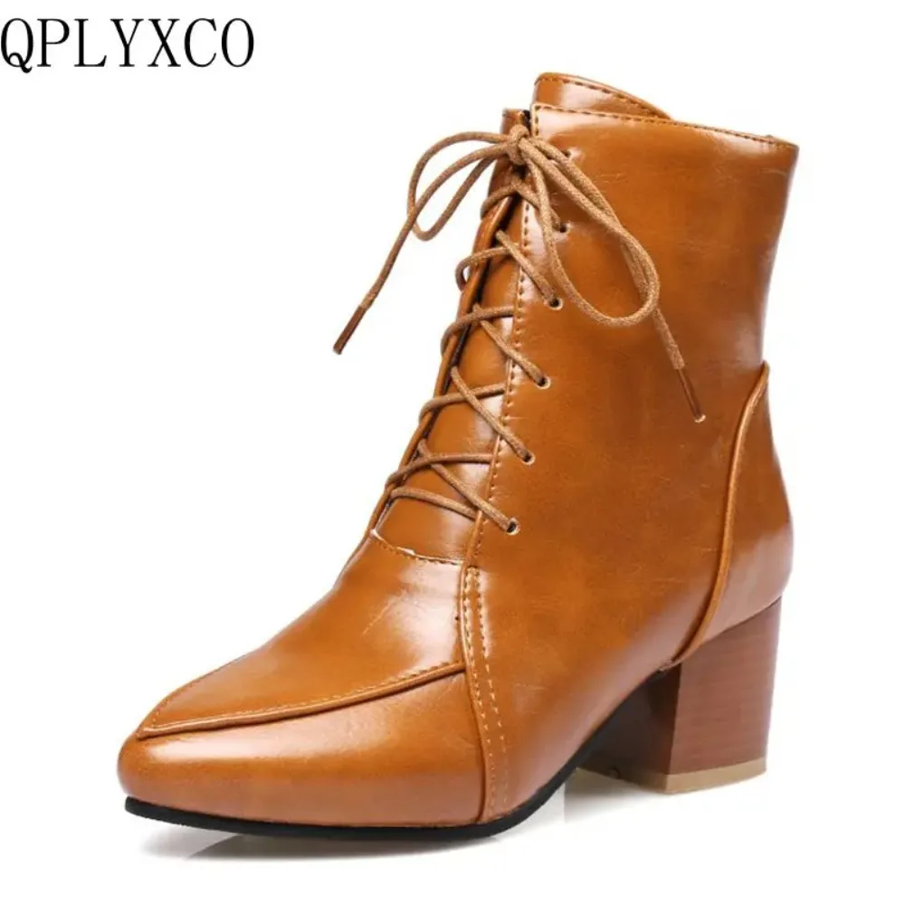 QPLYXCO Ankle Boots Women Fashion Pointed Toe Lace Up Thick Heels Casual Dress Party Short Bootie Big Size 44 45 C9-22
