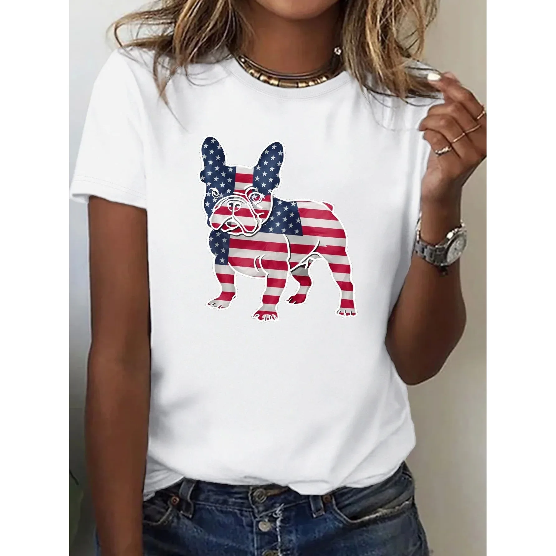 

Повседневная женская футболка с американским флагом, французский бульдог, удобная ручная роспись, дизайн Cus, модная повседневная одежда
