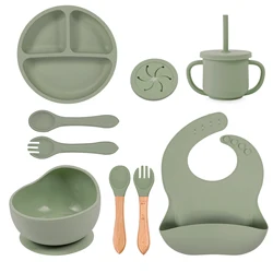 Juego de alimentación de silicona sin BPA para bebé, cuenco con ventosa impermeable, plato de comedor, taza de paja, cuchara, tenedor, vajilla para niños, platos seguros