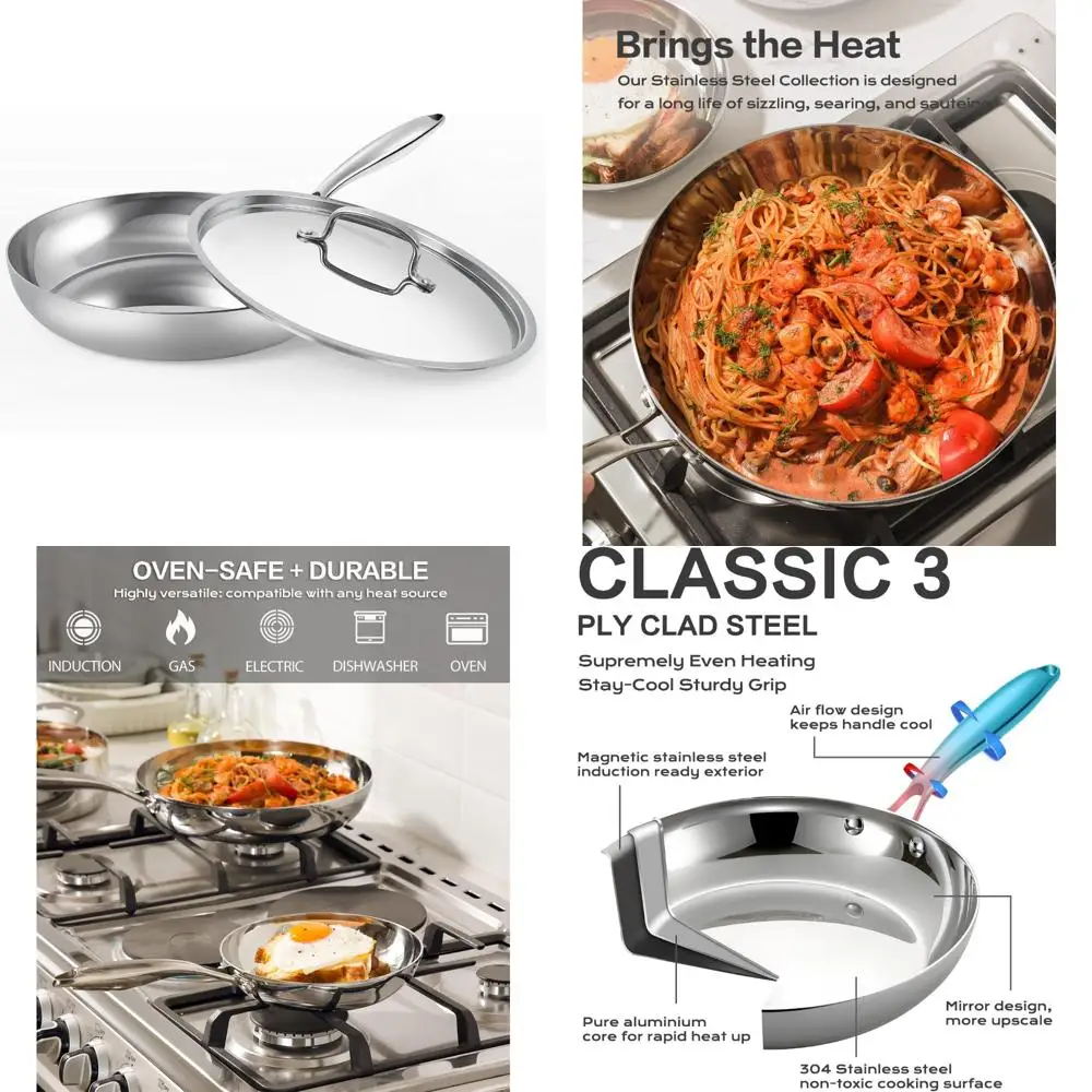 

Stainless Steel 12 Inch Frying Pan with Lid, 3-Ply Clad Skillet for Fast Even Heating, Oven Safe Up to 600°F, Ideal for Cooking