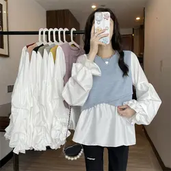 Korean Fake Two Pieces Blouse Spring Autumn Fashion Irregular Knitted Spliced Commute Female Clothing Casual Folds Loose Shirt