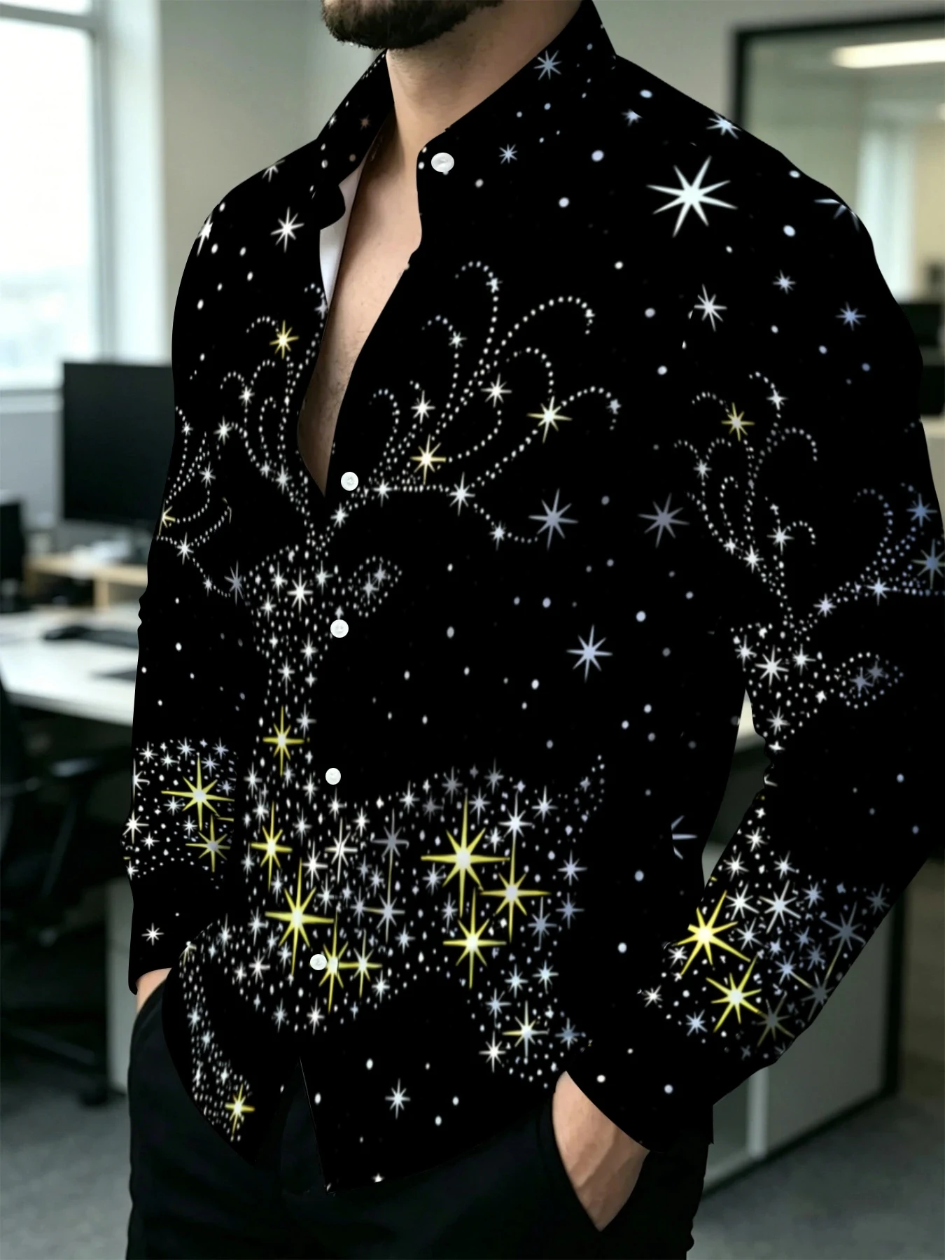 Men Long Sleeve Button‑Up Shirt Black Base Glitter Star Reindeer Christmas Holiday Party Casual Tops