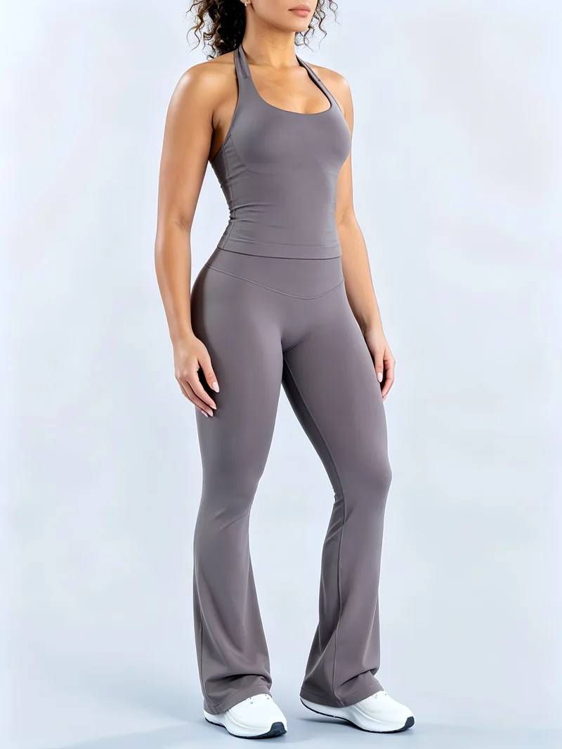 2-teiliges Flare-Leggings-Set: Nahtloses Neckholder-Sporttop und einfarbige Hüftlift-Flare-Hose für Damen – Ideal für Workout & Fitness – Detail 6