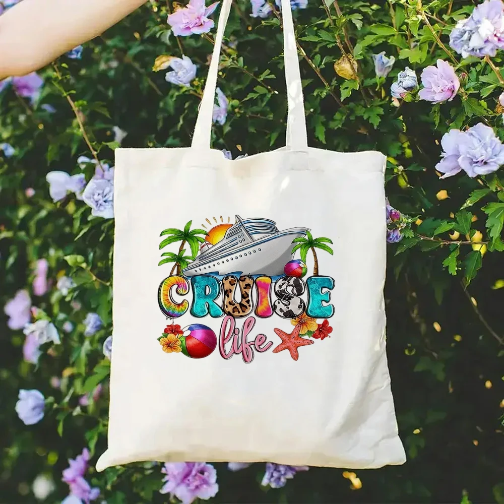 

Eco Reusable Canvas Shopping Bag Cruise Squad Graphic Print Tote Aesthetic Travel School Book Bag Nautical Gift for Vacation