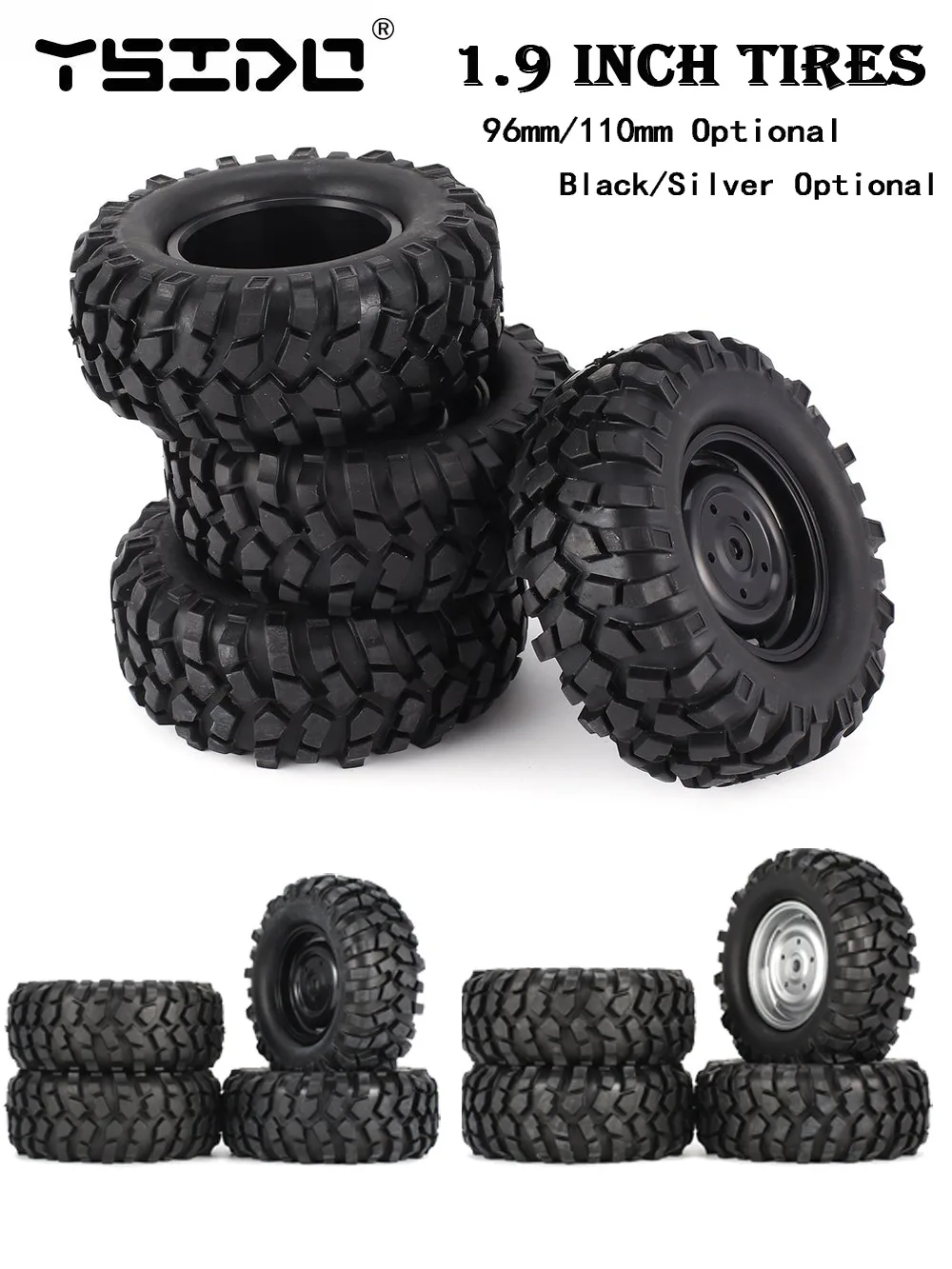 YSIDO 4 pièces 96mm 110mm 1.9 pouces jante de roue en caoutchouc pneu Beadlock pour 1/10 RC voiture sur chenilles HSP Redcat Traxxas AXIAL SCX10 90046 RC4WD