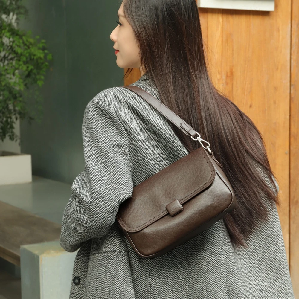 Premium Vegetable-Tanned Leather Crossbody Bag for Women 2025 - Luxury Convertible Shoulder Clutch & Mini Square Underarm Purse
