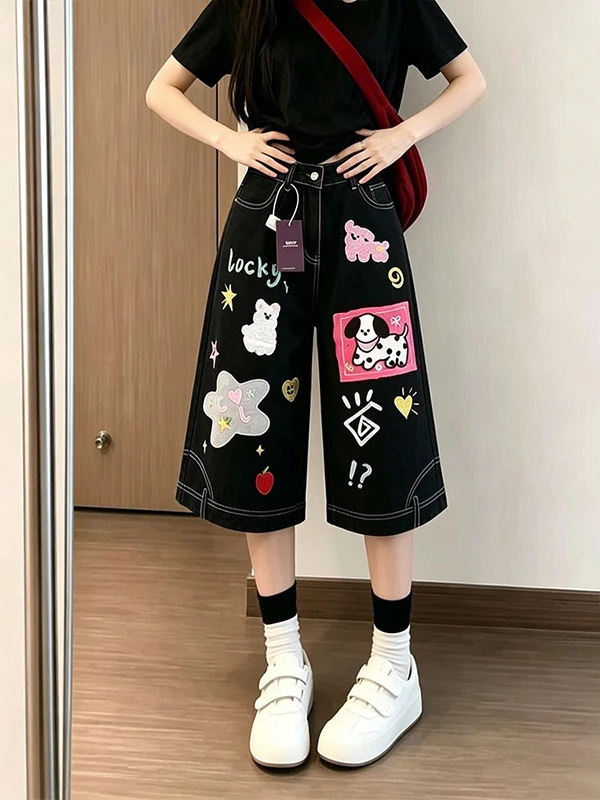 American Style Retro Summer New Loose Fun Cartoon Embroidery Denim Seven-Foot Pants Women Straight Leg Wide Leg Shorts