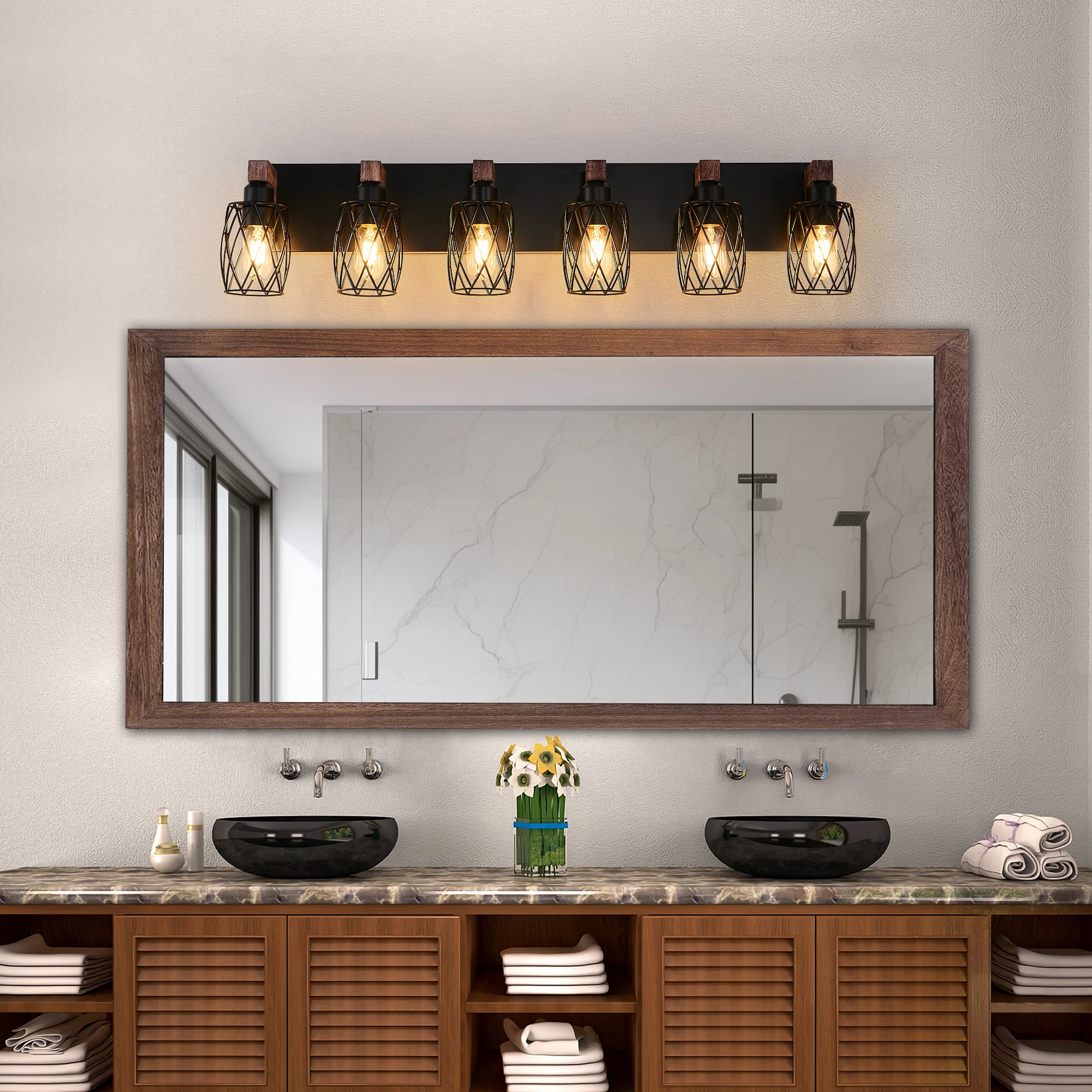 

38" Industrial Vintage 6-Light Wall Sconce - Black Cage Wall Lighting Fixture with Wooden Accents