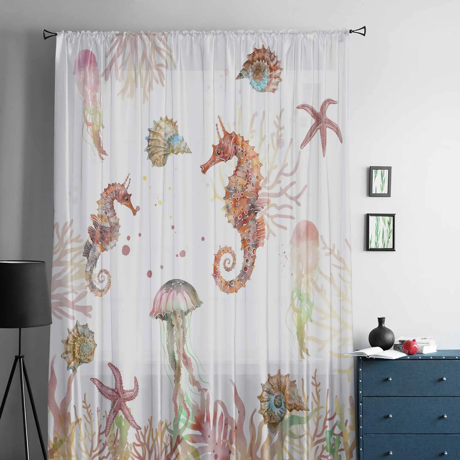 Marine Navigation Jellyfish Starfish Seaweed Tulle Sheer Curtain for Living Room Home Decor Bedroom Voile Organza Curtains