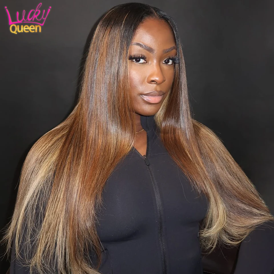 

Highlight Brown Blonde 7X5 Glueless 180 Density Human Hair 13X6 Frontal Wig Transparent Lace Wig Pre Plucked for Women Straight