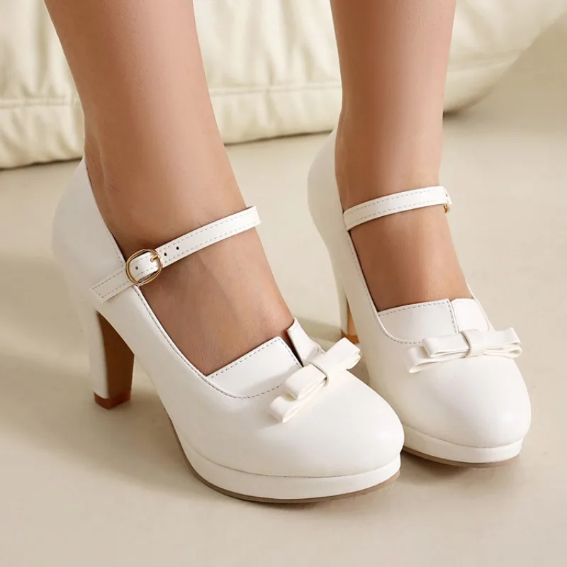 2026 Summer Round Head High Heel Bow Decorative Shoes Square Heel Office/Wedding Women's Shoes Sizes 34-48