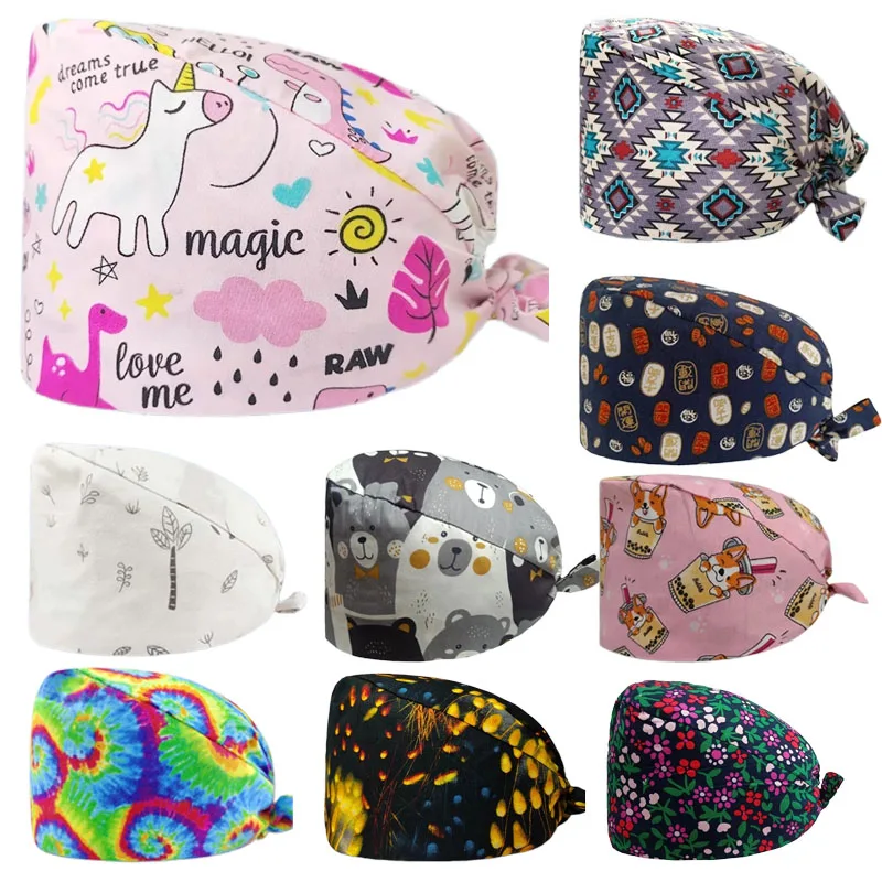 

Wholesale Nurse Unisex Frosted Hats Adjustable Pure Cotton Cartoon Cute Baotou Scrubs Cap Pet Printing Work Surgical Caps Woman