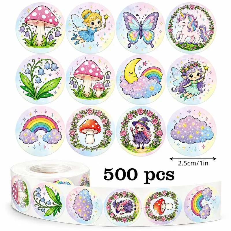 500Pcs Round Fairy Tale Stickers，Mushroom Elf Unicorn Butterfly，Student Reward Stickers，DIY scrapbook Gift Wrapping Decor
