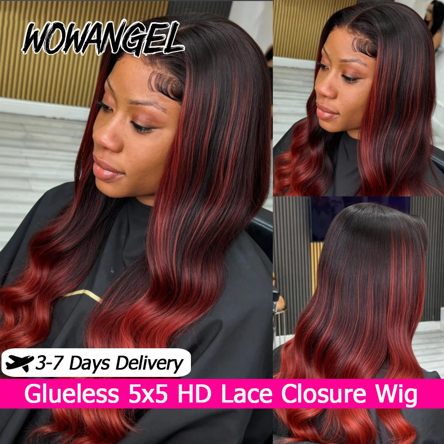 WOWANGEL Rote Ombre-Farb-Highlight-Echthaarperücken 5X5 HD Lace Closure Perücken zum Aufsetzen und Loslegen, kleberlose Perücken, vorgezupft, für Frauen