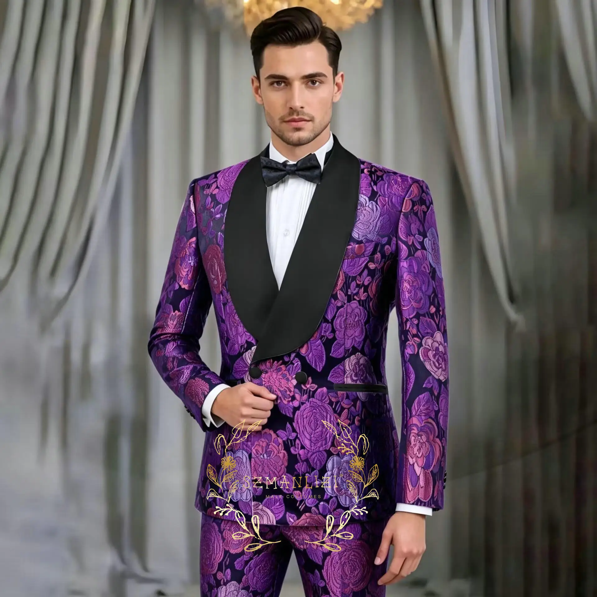 2026 Purple Flower Pattern Jacquard Suit Men's 2-piece Formal Ball Performance Set Shawl Lapel Wedding Groom Tuxedos Costumes