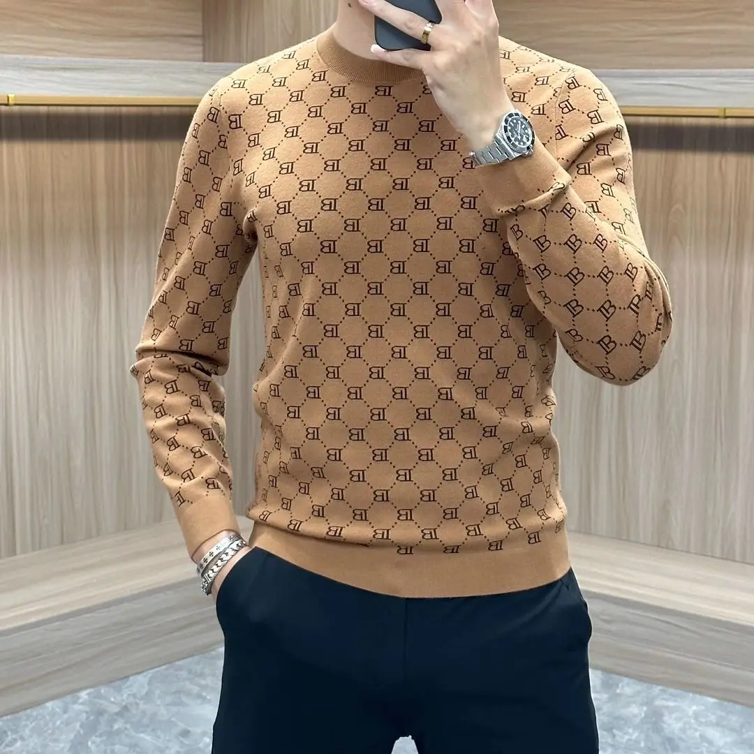 

2024 new trendy brand letter printing sweater men's versatile handsome slim-fitting fashion long-sleeved bottoming shirt